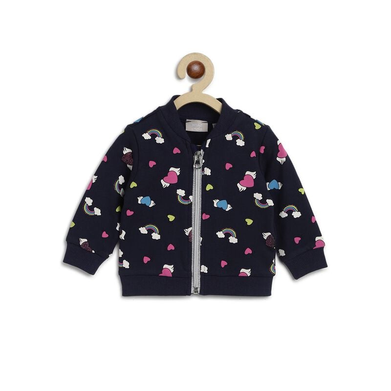 Girls Blue Printed Front Open French Terry Cardigan image number 0